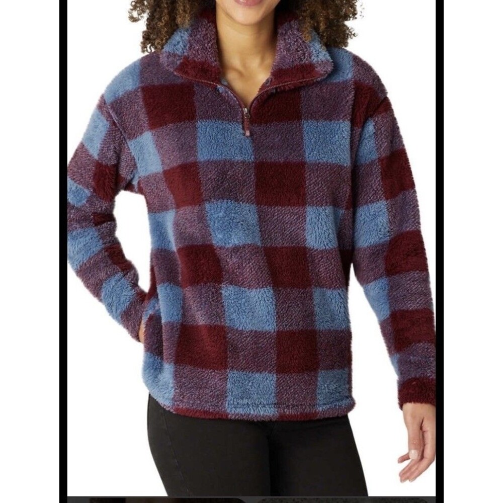 Eddie Bauer Fleece Jacket Womens XXL Sherpa Ultra Soft 1/4 Zip Plaid Gorpcore